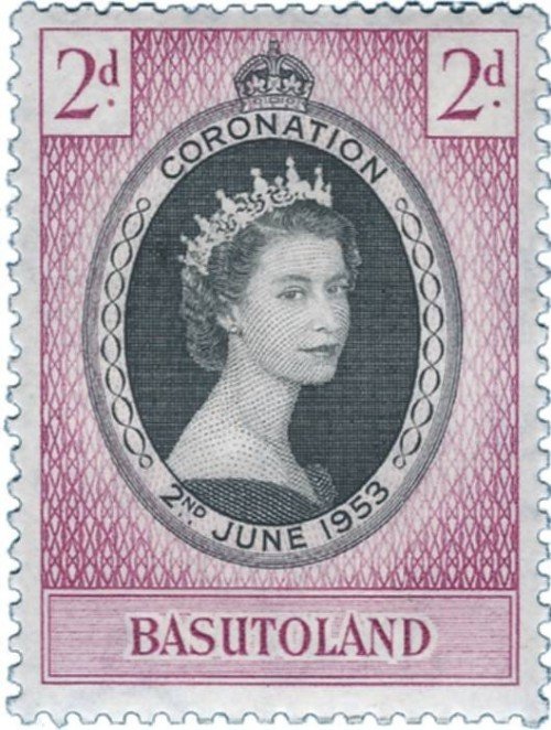 Part of the Coronation Series when Queen Elizabeth II ascended to the throne of England in 1953. This one is from Basutoland.
Scott #45, Common Design CD312, 2p red violet & black.