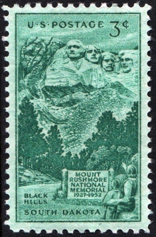USA, Scott Nr 1011 (1952)
Oct 31, 1941: Mount Rushmore is completed. It is later noted that the sculptor mistakenly depicts Theodore Roosevelt left-handed. The mistake goes uncorrected, to this day.