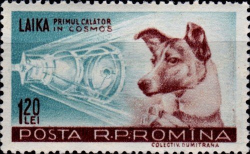 Romania, Scott Nr 1200 (1957)
Nov 3, 1957: Laika the Space Dog, is launched aboard Sputnik II,  making him the first animal space. Upon the dog's return to earth, Superboy adopts him and renames him Krypto.