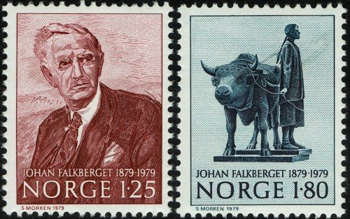 The second stamp is a sculpture depicting the title characters in Falkberget's novel, "Ann-Magritt and the Hovi Ox."