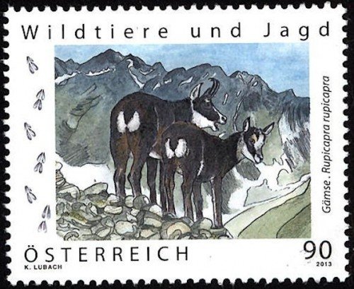 Stamp printed in combination offset lithography and Etch-Art (black outline of chamois).