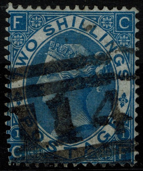 The 2-Bob Blue. Aside from the 1880 reprint in pale brown (Scott #56), this is the only 2-shilling denominated postage stamp from Great Britain.