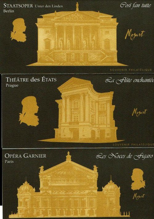 For Wolferl's 250th birthday, France issued a set of 6 stamps and souvenir sheets, each depicting a different Mozart opera. Alas, I only have 3 of them. (1st scan is of the folder in which each came.)
France, Scott Nr 3213, 3215, 3218 (2006)