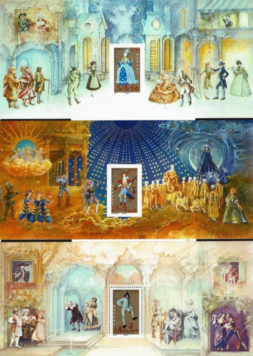 For Wolferl's 250th birthday, France issued a set of 6 stamps and souvenir sheets, each depicting a different Mozart opera. Alas, I only have 3 of them. (1st scan is of the folder in which each came.)